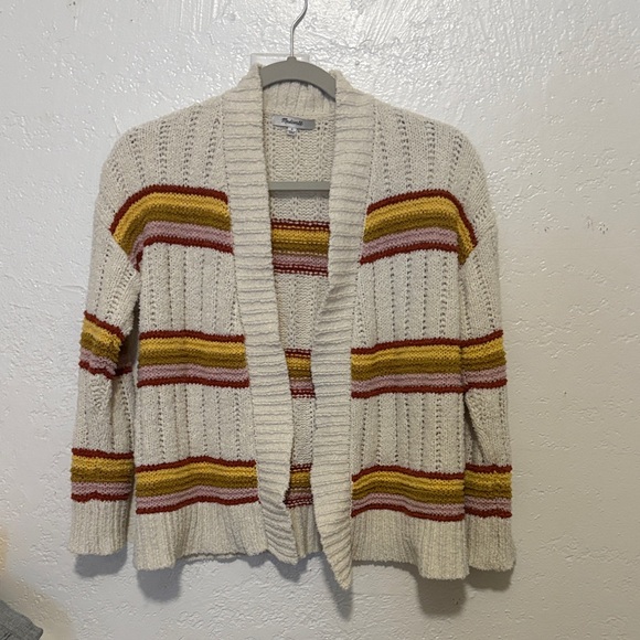 Madewell Sweaters - Madewell Cream Open Front Cardigan Sweater with Red Yellow Green Stripes Small